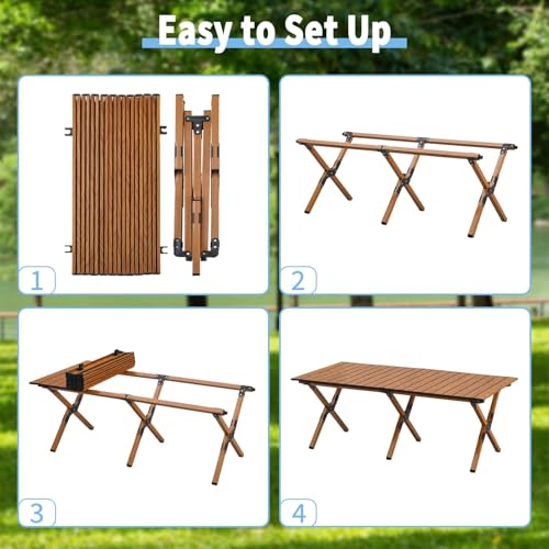 KAIHAOWIN 4Ft Aluminum Folding Camping Table with Wood Upgraded Finish, Portable Outdoor Picnic & Beach Table