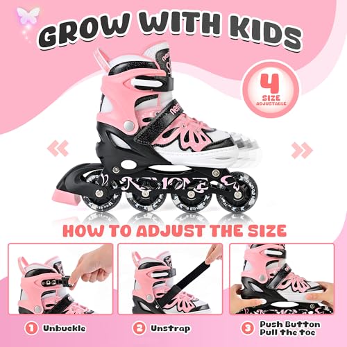 Girls Adjustable Light Up Inline Skates with Flashing Wheels - Midnight Butterfly, Medium