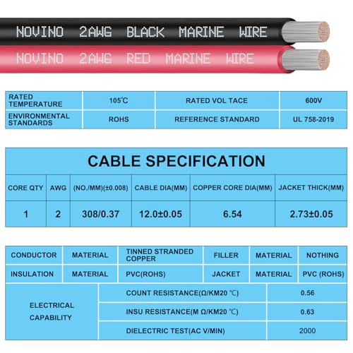NOVINO 2 Gauge Marine Grade Copper Wire 20FT Red & Black - Heavy Duty Marine Cable
