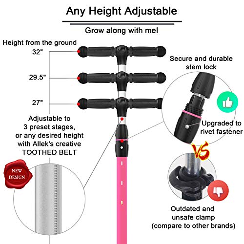 Allek Kick Scooter B03 for Kids - Rose Pink, Adjustable Handlebar, Light-Up Wheels