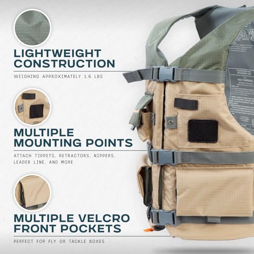 Stohlquist Fisherman Lifejacket - Universal (30-52 inch Chest), Khaki, PFD for Kayak Fishing & Boating