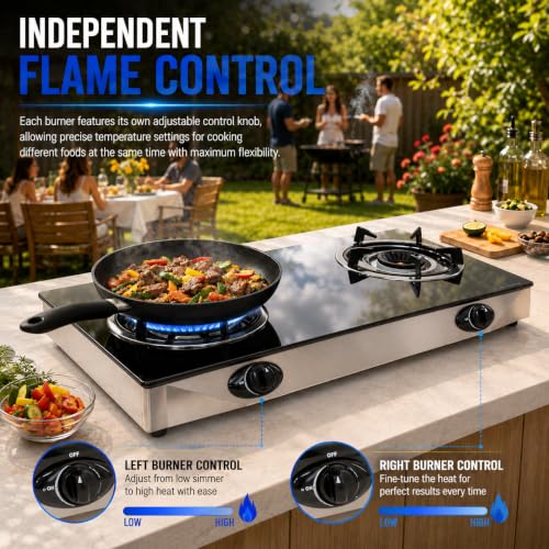 Portable Propane Gas Stove with 2 Burners, 25,516 BTU, Auto Ignition, Tempered Glass Top for Camping, RV, Backyard Cooking