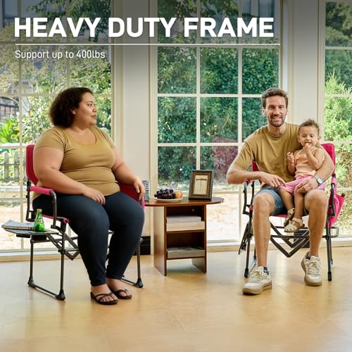 Pink Camping Directors' Chair with Side Table - Heavy Duty Portable Folding Lawn Chair, Supports 400lbs
