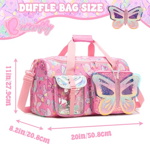 Pink Butterfly Kids Duffle Bag Girls Ballet Dance & Travel Bag with Shoe Compartment