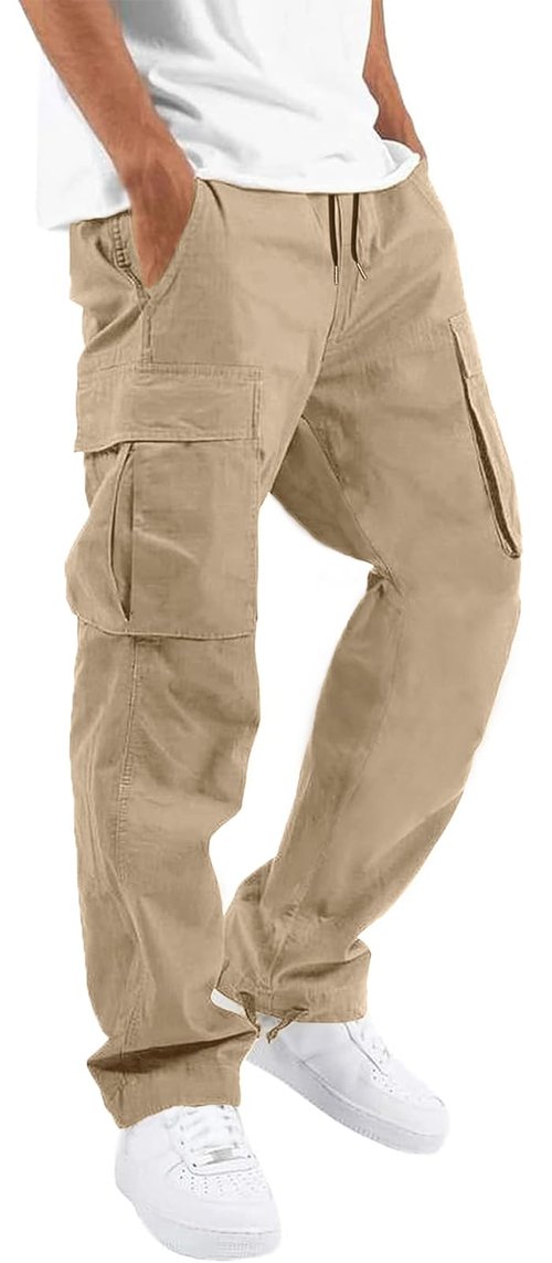 HUNGSON Mens Cargo Pants Drawstring Casual Hiking Pants Joggers Athletic Trousers Cotton Loose Straight Sweatpants for Men Beige