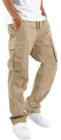 HUNGSON Mens Cargo Pants Drawstring Casual Hiking Pants Joggers Athletic Trousers Cotton Loose Straight Sweatpants for Men Beige