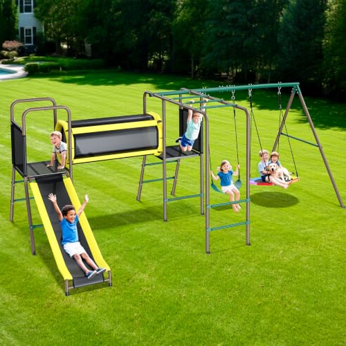 Hapfan Backyard Swing Set with Slide, Crawl Tunnel & Monkey Bars - Green & Brown
