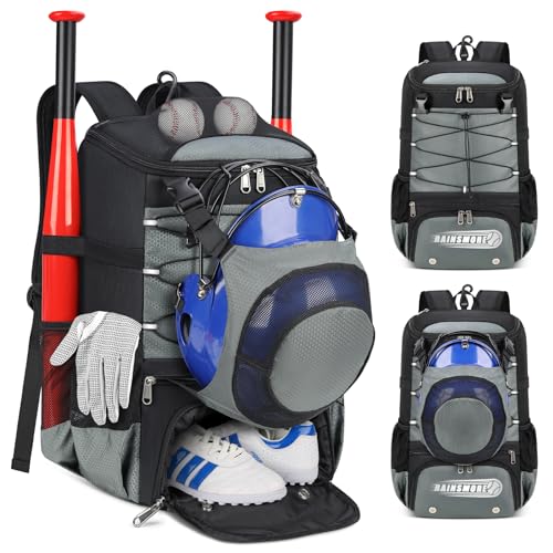 RAINSMORE Baseball Backpack for Youth & Adult with Shoe Compartment - Grey