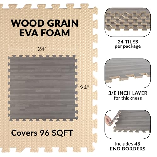 Stalwart Gray Wood Grain Foam Floor Tiles - 24 Pack, Interlocking Play & Gym Mat, 96 sqft