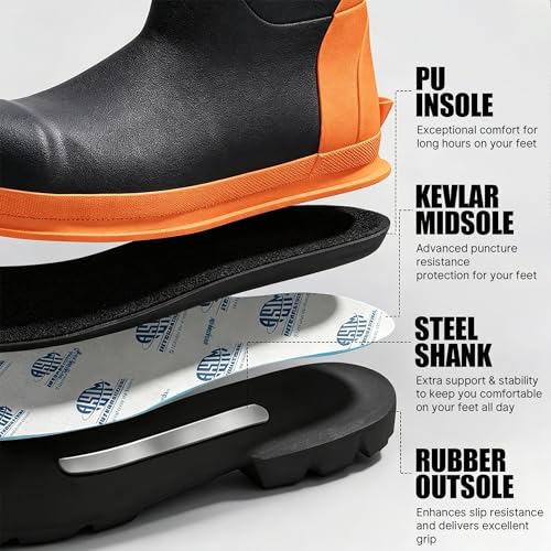 Men's Steel Toe Waterproof Work Boots - Puncture-Resistant Safety Shoes, Black/Orange, Size 9