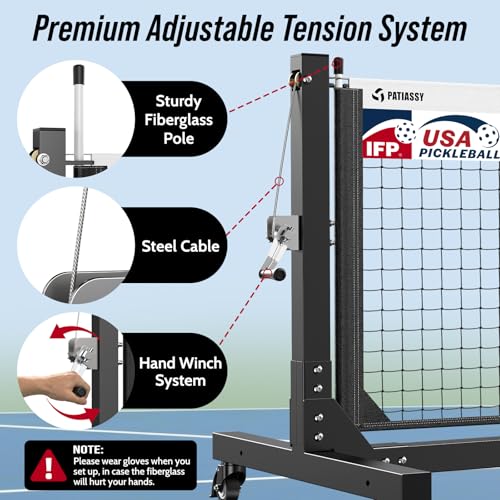Patiassy Tournament-Grade Pickleball Net System Black & White - Regulation Size, Rust-Resistant Aluminum Frame, Hand-Crank Tension, Mobile & Permanent Use