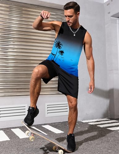 Men's Tank Top Beach Shirt 4X-Large Black & Blue Graphic Palm Tree Vacation Muscle Gym Sleeveless