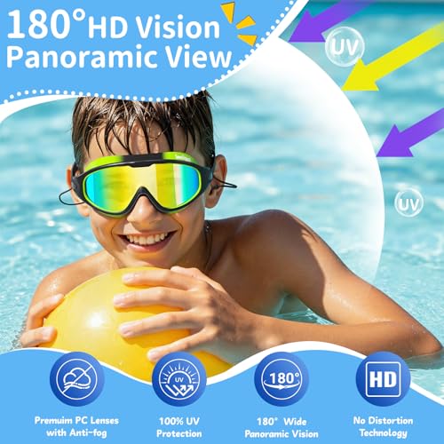 Kids Swim Goggles 2 Pack Cyan Black and Green Black Anti-Fog UV Wide View Pool Goggles for Boys & Girls