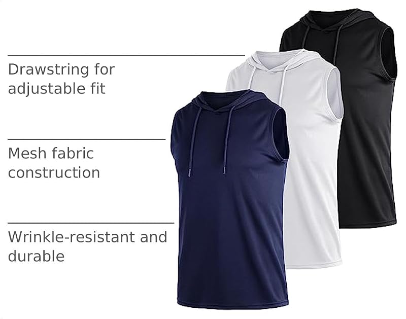3 Pack Men's Quick Dry Mesh Tank Tops – Sleeveless Hooded Sports Shirts, Black White Blue 4X-Large (Variation)
