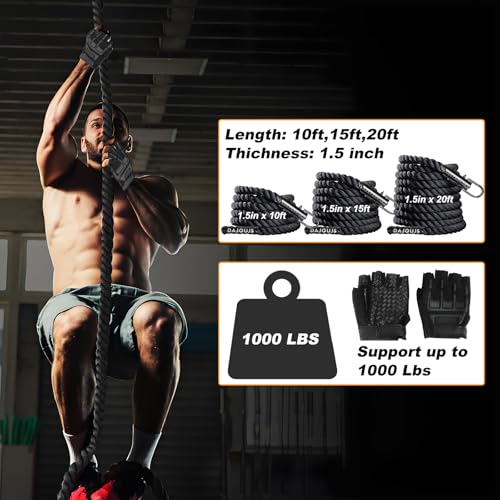 15Ft Heavy Duty Climbing Rope Gym Workout - Black, 1.5 Inch Diameter