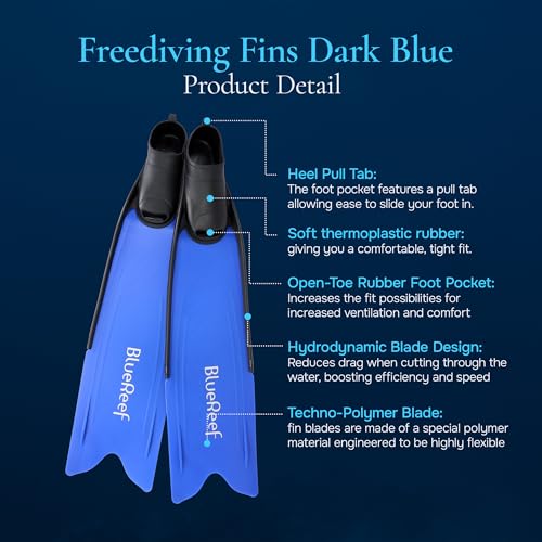 Blue Reef Freediving Fins - Full Foot Snorkel & Spearfishing Fins, Dark Blue, Size 45/46
