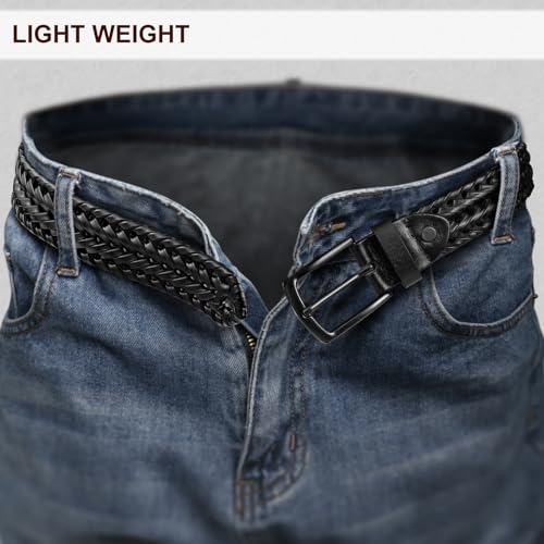 Black Braided Leather Belt for Men 1 3/8 Inch Holeless Golf Belt - Adjustable Waist 32-36 in Gift Boxed