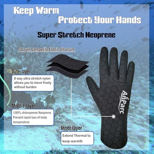 3mm Ultra Stretch Neoprene Water Gloves - Medium-Large Water Sports Gloves for Diving, Kayaking, Snorkeling