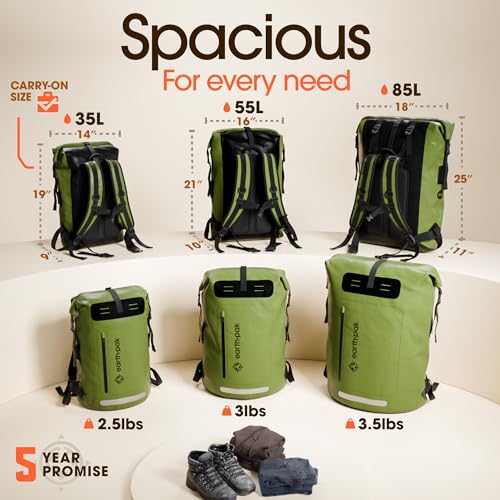 Earth Pak 55L Green Waterproof Hiking Backpack Roll-Top Dry Bag & Phone Case