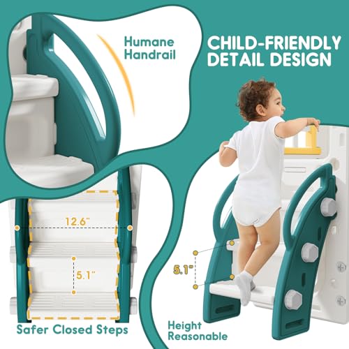 Toddler Indoor Slide with Climber Basketball Hoop and Storage - Wider & Longer