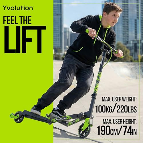 Yvolution Y Fliker Lift Drift Scooter Green - 3-Wheel Self-Propelling Kids & Teens Ride, 360° Spinning Handles, Foldable, Ages 7+