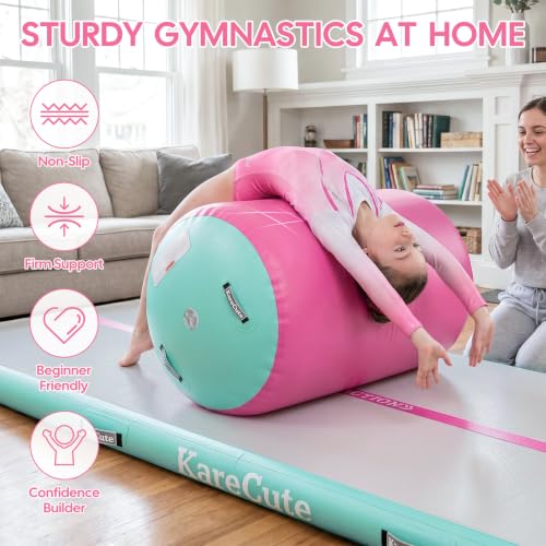 KareCute Mint Green & Pink Inflatable Gymnastics Mat 47.2" x 29.5" - Air Tumbling Track & Barrel Roller for Kids & Training