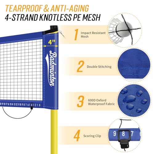 PUULIVEE 20ft Blue Portable Outdoor Badminton Net Set for Backyard