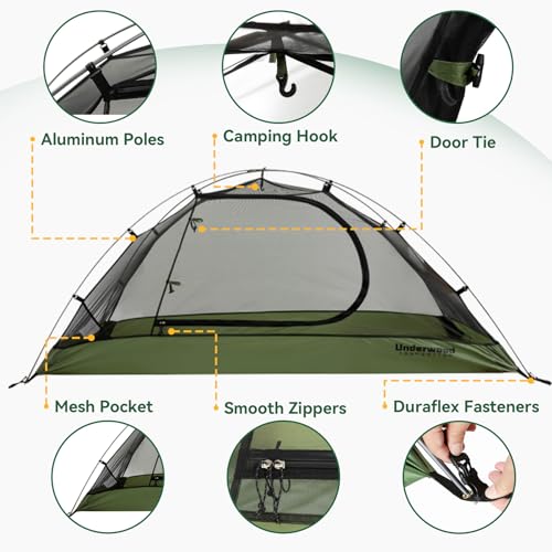 Green 1 Person Lightweight Waterproof Backpacking Tent for Solo Camping