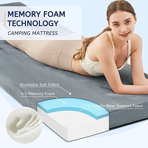 HomeMate Memory Foam Camping Mattress Pad - Grey, Single, 75x30x3 Inch Portable Bed
