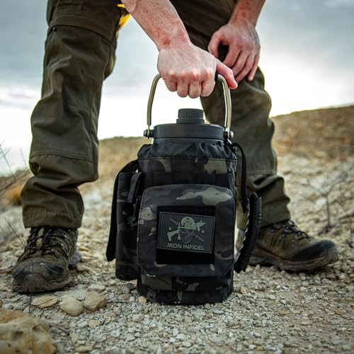 Iron Infidel 128oz Insulated Water Bottle with Camo Sleeve & Dual Handles - Tactical Hydration Jug