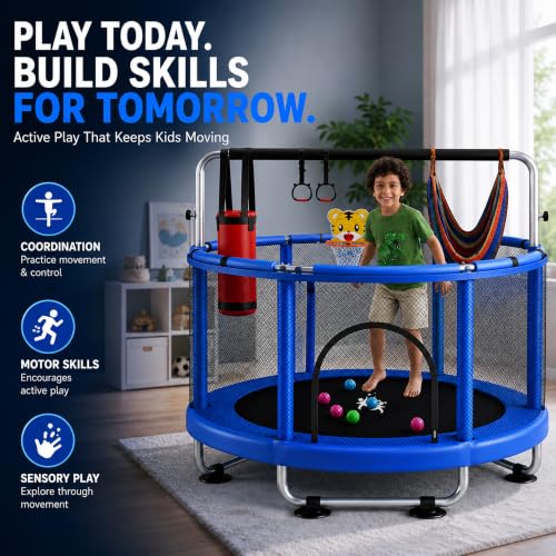 Kids Indoor & Outdoor Trampoline with Basketball & Accessories - Blue, Black