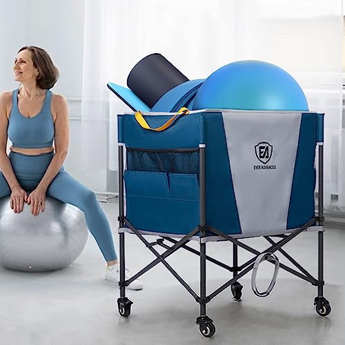 Blue Volleyball Storage Cart with Lockable Wheels, Collapsible Sports Organizer 20 Balls