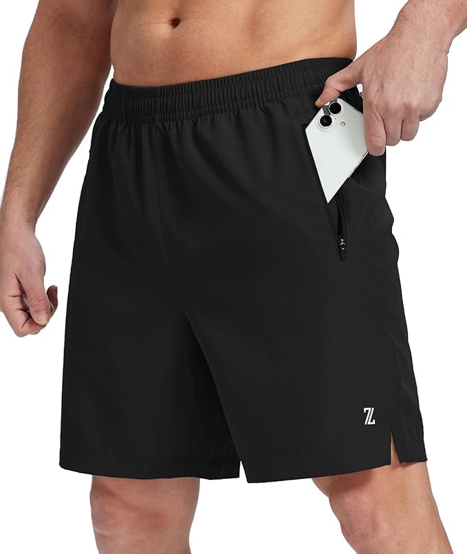 Men's 7 Inch Quick Dry Athletic Running Shorts - Large, Black with 3 Zipper Pockets