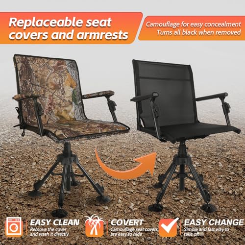 FUNHORUN Camouflage-Black Hunting Chair with Removable Camo Cover, 360° Swivel, Foldable Ground Blind Seat