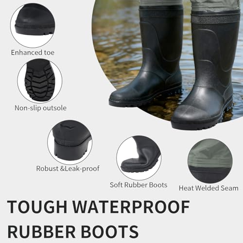 Men & Women Waterproof Fishing Waders - Grey, US M9/W11, 2-Ply Nylon PVC Chest Waders with Boots