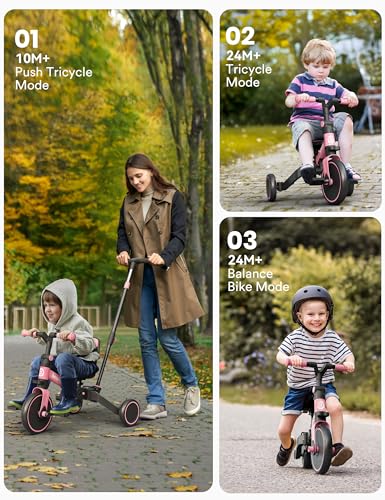 Pink 4-in-1 Toddler Tricycle with Push Handle for 1-3 Year Olds, Baby Balance & Ride Bike