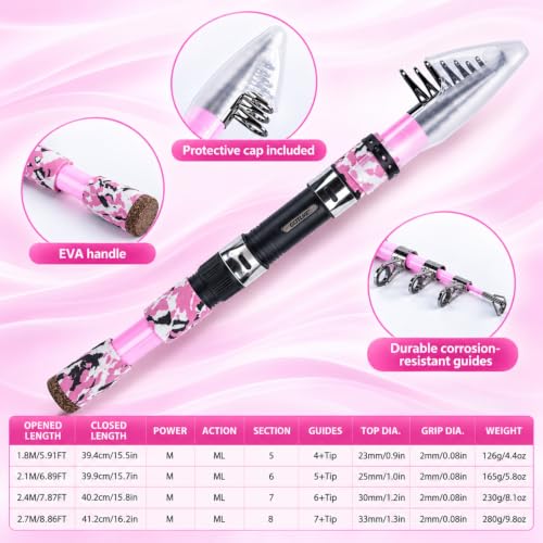 Pink Telescopic Fishing Rod and Reel Combo with Bag - 7FT Saltwater & Freshwater
