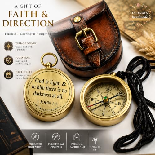 God Is Light Bible Verse Compass - Inspirational Brass Navigation Gift for Men Women Boys Girls Variation of God Is Light-1 John 1:5