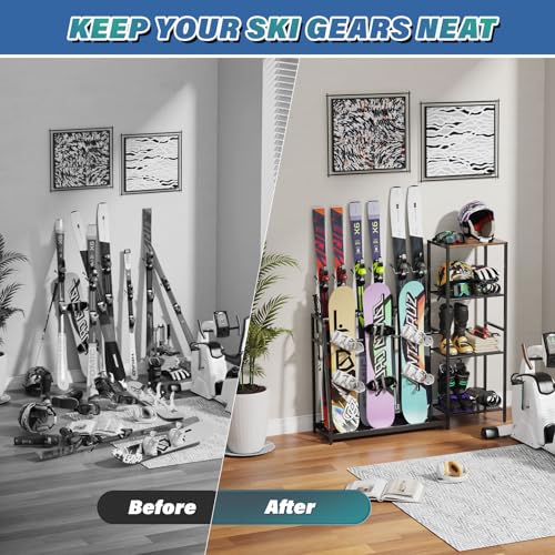 Freestanding Ski & Snowboard Rack - Holds 4 Skis, 3 Snowboards Gear Storage