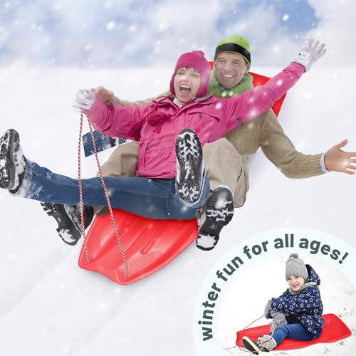 3 Pack Snow Sleds for Kids & Adults - Flexible Toboggan with Handles & Pull Rope