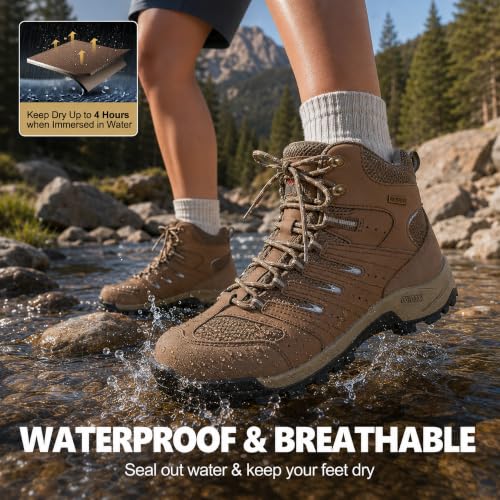 R CORD Women's Waterproof Hiking Boots - Brown, Size 8.5, Slip-Resistant & Cushioned