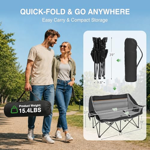 HOPERAN Double Camping Chair 660lb Oversized Folding Loveseat Black Grey
