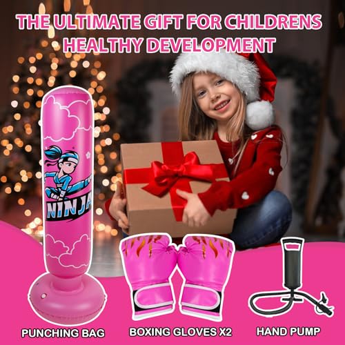 Kids Inflatable Punching Bag - Ninja Pink 67 Inch Kids Boxing Bag with Gloves & Pump