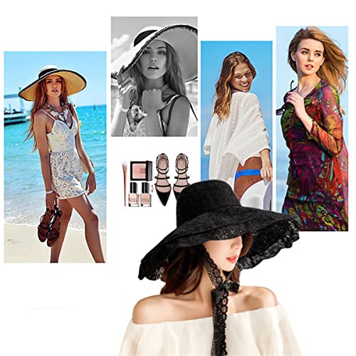 Women Lace Beach Sun Hat - Black, Foldable Wide Brim Fishermen Cap for Outdoor Travel