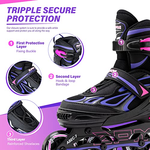 Adjustable Inline Skates for Kids, Youth & Adults with Light Up Wheels - Violet & Magenta, Large (4.5-8 US)