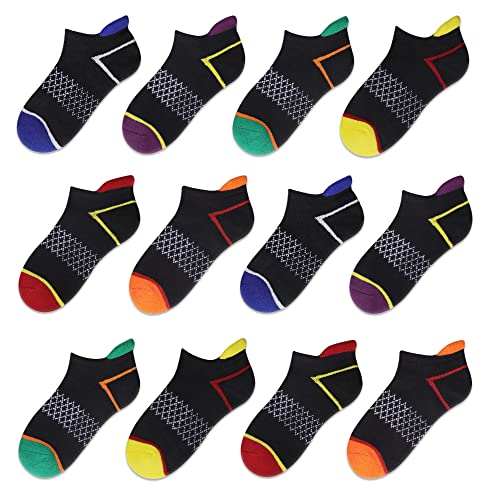 Kids Athletic Socks 12 Pairs for Boys, Cushioned Ankle Socks, 4-6 & 6-8 Years, Black, Variation of 10-12 Years