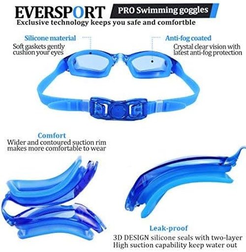 EverSport Swim Goggles Pack of 2 Swimming Goggles Anti Fog for Adult Men Women Youth Kids
