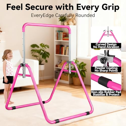 WATBKHE Pink Kids Gymnastics Bar - Adjustable, Foldable Indoor Gym Equipment