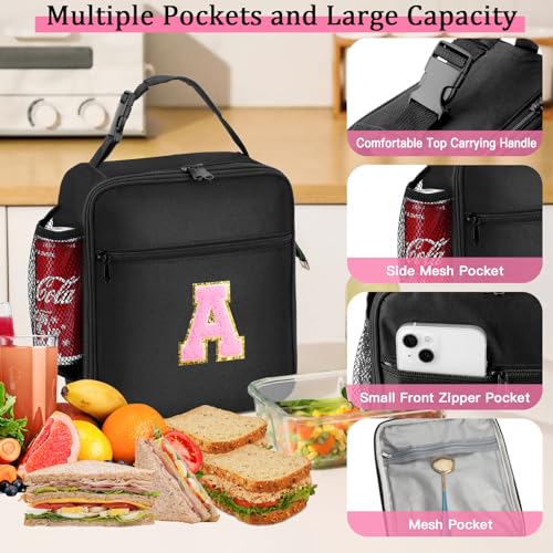 SANBADA Personalized Pink Insulated Lunch Bag with Letter A Patch for Teens & Adults