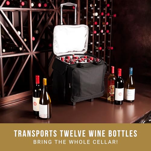 Rolling Wine Cooler Tote - Insulated 12-Bottle Cooler with Wheels & Pockets - Black - Cooler